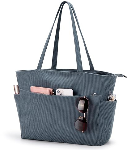 KALIDI Corduroy Tote Bag With Zip Cord Blue Large Tote Bag For Women School Work College Uni