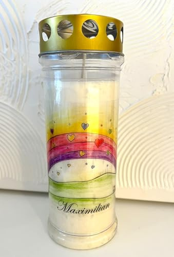 Grabkerze Regenbogen mit individuellem Namen, Grablicht, Größe 21cm x 7,5 cm, Brenndauer ca. 7 Tage