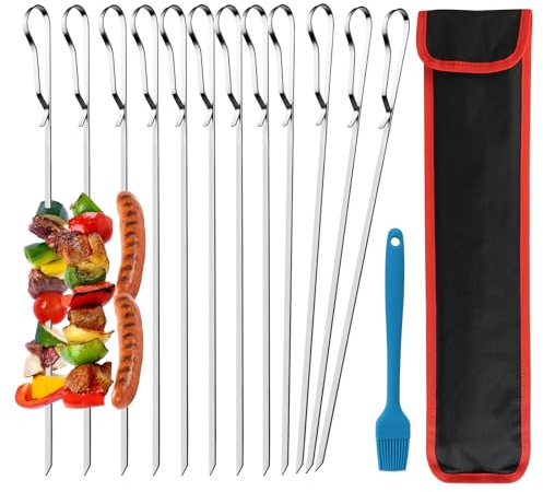 12 Stück Schaschlikspieße Edelstahl, 43cm Robustes Grillspieße Set mit Praktishcher Tragetasche, Flacher Fleischspieße Kebab spieße, Silikonölbürste mitgeliefert, Grill-Zubehör für Fleisch, Gemüße