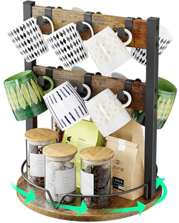 KLM Wood Coffee Mug Holder,12 Hook Mug Tree Holder Rack with Storage Base,Mug Display Organizer,Mug Holders for Home Kitchen,Support 360° rotation for easy access