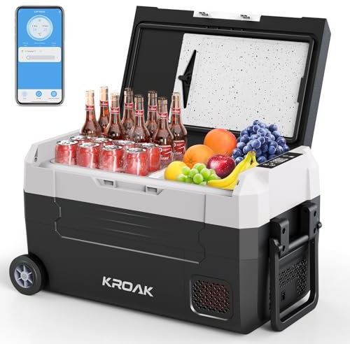 KROAK Frigo Portatile Auto 35L con Ruote e Controllo Bluetooth, Frigoriferi Portatile Elettrico Doppia Zona (（-20℃~20℃） 45W per Campeggio/Picnic/Viaggio in Famiglia, 12/24V DC + 220V AC