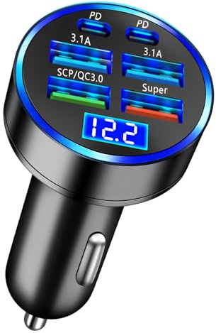 66W Chargeur Allume Cigare USB C, 6 Ports QC 3.0 Charge Rapide Chargeur Voiture 2PD + 4 USB-A, 5V 3.1A Prise USB Voiture Compatible avec iPhone 16 15 iPad Samsung Galaxy S24 S23 S21 Huawei Xiaomi