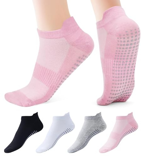 GlimmerStyle Pilates Anti Rutsch Socken,4er Pack Schwarz Weiß Grau Rosa Yoga,Damen Anti Rutsch Socken,Söckchen Für Yoga,Gymnastik,Ballett,Barfußtraining,Socken