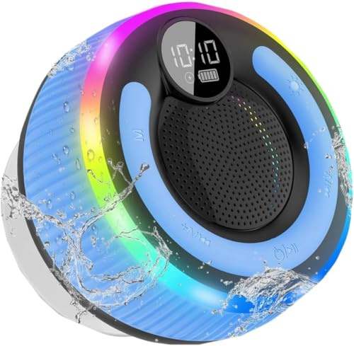 AOSRAU Bluetooth Shower Speaker, 2025 Portable Bluetooth Speaker 5.3 with Time Display, IPX7 Waterproof with Suction Cup, RGB Lights, Stereo Bass, Wireless for Bathroom/Party/Travel/Outdoor, Blue