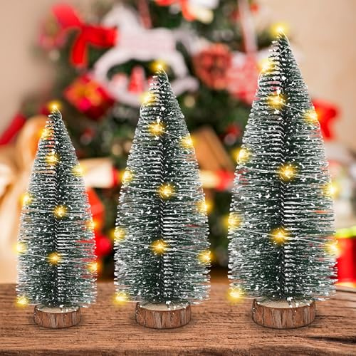 3 Piezas Mini Árbol de Navidad Artificial, 20cm 25cm 30cm, 3 * 1m Luces LED, para el Hogar, Base de Madera, Decoraciones de Navidad Apto para Oficina de Mesa de Escritorio (Luz cálida)
