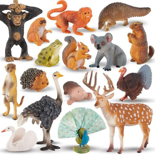 TOEY PLAY 16PCS Forest Animals, Woodland Creatures Animals Figures, Miniature Wild Zoo Animals Playset with Deer Squirrel Rabbit, Learning Toys for Toddlers Kids 3 4 5
