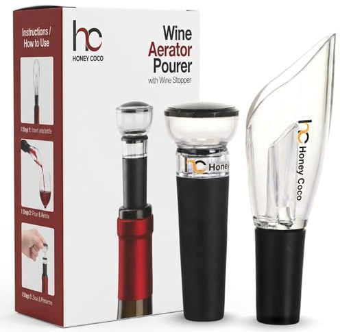 HC Honey Coco Wine Aerator Pourer + Vacuum Pump Stopper, 2-Piece Wine Saver Set, Drip-Free Pour Spout for Smoother Taste, Preserves Open Bottles, Gift-Ready Wine Accessories