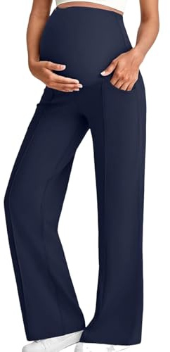 Maternity Leggings Over Bump Womens Maternity Dress Yoga Pants with Pockets, Over The Belly Stretchy Pilates Gym Sports Work Slack Pregnancy Wide Leg Lounge Trousers Navy XL