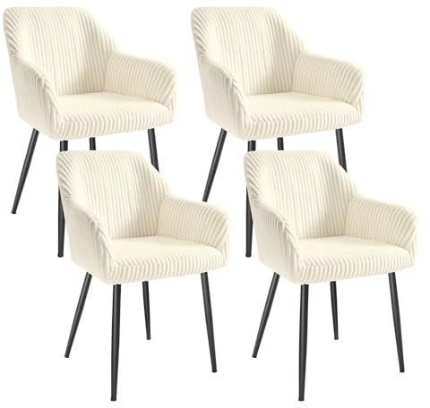SONGMICS 4er Set Esszimmerstühle, Cord, Polsterstühle mit Armlehnen | Küchenstühle, Schminktisch Sessel, Cremeweiß, Schwarze Metallbeine, 120 kg Belastbarkeit, TYRA Kollektion