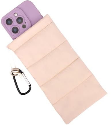 Lyreh Thermal Phone Pouch with Carabiner, Down Cotton Winter Insulated Warm Case Cover Bag Accessories Gift Prevents Freezing & Overheating Cellphone Sock for Outdoor Camping Hiking Skiing (Beige)