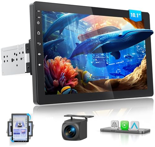 Haudio 360° Drehbares 1 Din Autoradio mit Wireless CarPlay & Android Auto, 10,1 IPS Bildschirm, 720P Rückfahrkamera, GPS, Mirror Link, Sprachsteuerung, RDS/FM/AM Radio, für alle Fahrzeuge Geeignet