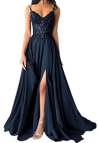 shownicer Abito Cerimonia Donna Vestito Lunghi Eleganti Matrimonio Abito da Sera in Chiffon Vita Alta Scollo A V Abiti in Pizzo Vestiti con Spacco A Blu Scuro 42