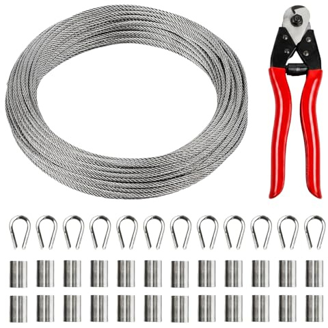 3 mm stålvajer set, 30 m rostfritt stål, stålvajer set med vajerskärare, 12 fingerborgar, 24 presshylsor, rostfritt stålrep för tvättlina, staket, gardinrep, trädgård, klätterväxter, utomhusbelysning