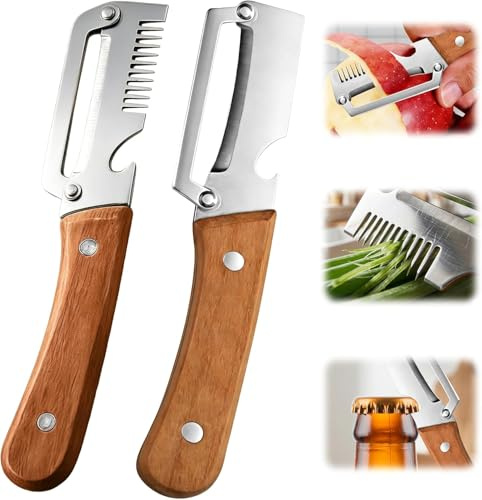 Multifunctional Vegetable Peeler Set 3-in-1 – Stainless Steel Peeler with Wooden Handle & Julienne Cutter, Multi Purpose Veg Peeler for Potato Fruit Carrot, Kitchen Peeler Knife Set