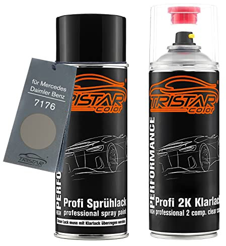TRISTARcolor Autolack 2K Spraydosen Set für Mercedes/Daimler Benz 7176 Muschelgrau Metallic Basislack 2 Komponenten Klarlack Sprühdose