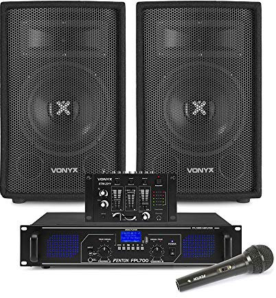 VONYX SL8 Complete Home DJ Setup with Bluetooth Amplifier, PA Speakers, 4-Channel Mixer, Wired Microphone - Beginner DJ Amplifier and Speaker Package