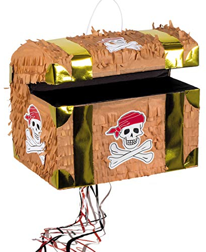 Amakando Wunderschöne Pinata Piraten-Truhe zum Ziehen/Braun-Gold 30x26cm / Ziehpinata Piratenkiste zum Kindergeburtstag/EIN Highlight zu Piratenparty & Geburtstagsfeier