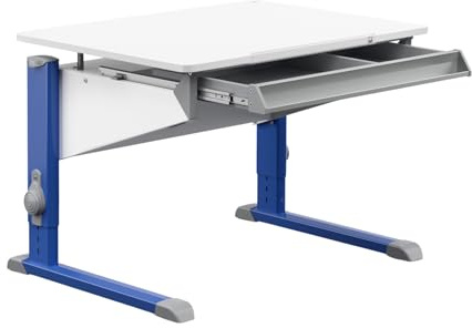 Moll Bandit Kinderschreibtisch höhenverstellbar | mitwachsend, ergonomisch & neigbar für aufrechtes Sitzen | ideal für Schulkinder | Schreibtisch weiß (mit Schublade, Blau, 90cm x 70,5cm)