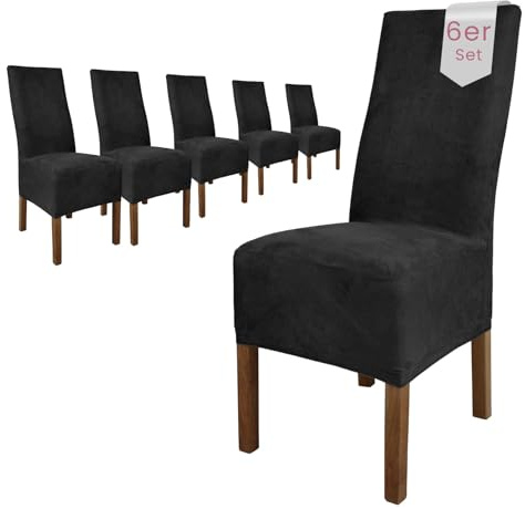 Scheffler Home Stuhlhussen Schwarz 6er Set Velours Stretch Leon | Elastische und waschbare Stuhlbezüge,Öko-Tex zertifiziert,für Esszimmerstühle, Hochlehner und Polsterstühle