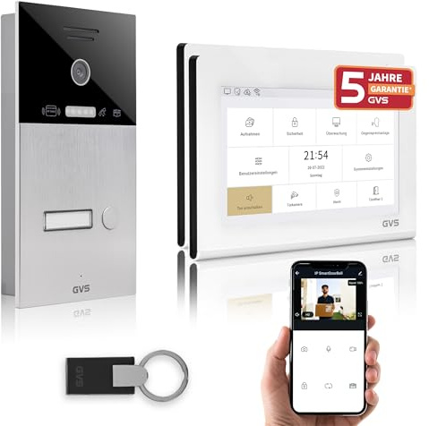 GVS IP Video Türsprechanlage mit Türöffner, RFID, 2X 7 Zoll Monitor & App | Smarte Video Türklingel mit Kamera und Monitor & App - Gegensprechanlage für 1 Familienhaus (AVS4454U)