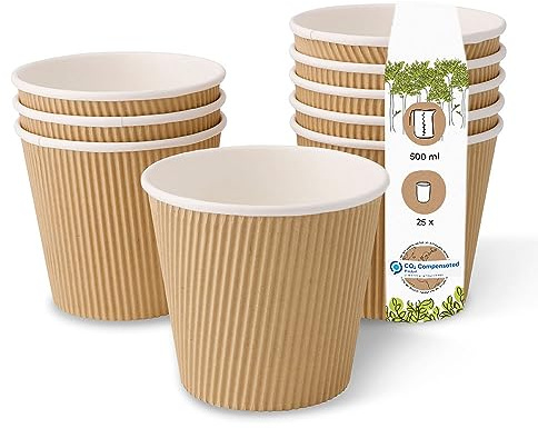 GREENBOX Einweg Bio Suppen-Becher To Go Suppen Einweggeschirr I Riffelbecher Suppen Kraft-Karton-Becher mit PLA Innenbeschichtung weiß/braun, ungebleicht I 25 Einweg-Becher kompostierbar 500 ml