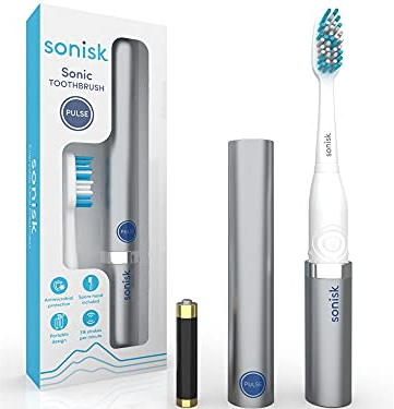 Sonisk Pulse | Brosse à dents électrique à piles | Technologie sonique | 1 batterie, 2 têtes de brosse, 1 étui de voyage inclus | 31 000 coups par minute | Antimicrobien | Bleu brillant