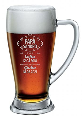 bubbleshirt Boccale Birra Papà Personalizzato Festa del Papà Personalizza con nome papà e nomi e data di nascita dei figli ca 38 cl