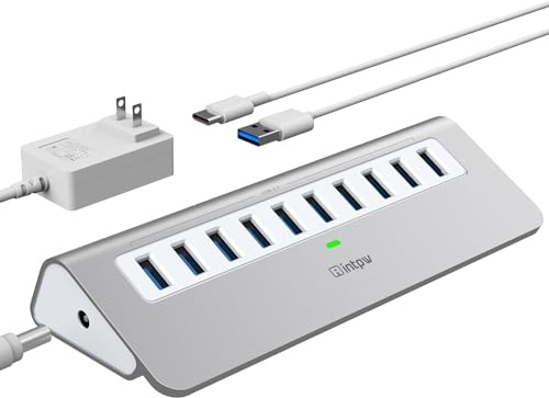 intpw Hub USB Alimentado, 10 Puertos USB 3.1 con Transferencia de Datos de 10Gbps con Adaptadores de Alimentaci¨®n 36W(12V / 2.5A),Cables USB A y C para Ordenador MacBook y de Sobremesa