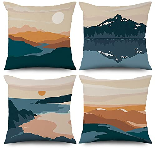ASDCXZ Boho Kissenbezug 40x40 cm 4er Set, Modern Abstrakt Kunst Sonne Peak Bunt Sofa Kissen Bezug Dekokissen Kissenbezüge Kissenhülle Waschbar Polyester Flachs Textil Outdoor Polster Kopfkissenbezug