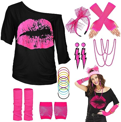 WILDPARTY 80er 90er Jahre Outfit Damen, T-Shirt, Beinwärmer, Stirnband, Ohrring, Halskette, Netzhandschuhe, 80er 90er Jahre Kostüm Mottoparty Accessoires Kleidung Neon Party Karneval JD-80SMouth