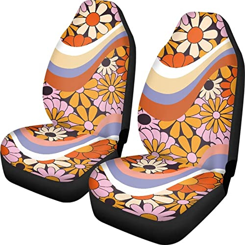 Belidome Autositzbezüge, abstrakt, Hippie-Blume, komplettes Set mit 2 70er Jahre Swirl Sitzschoner