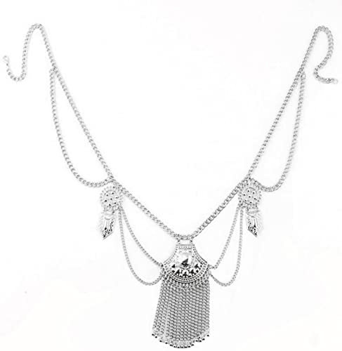 Kettengürtel Silber Vintage, Körper Ketten Damen Silber Wassertropfen-Quasten Karabinerverschluss Waist Chain für Kleid