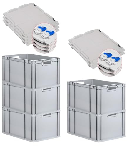 PROREGAL SuperSparSet 5x Eurobox NextGen Economy mit Scharnierdeckel & blauen Verschlüssen | Griffe offen | HxBxT 32x40x60cm | 65 Liter | Eurobehälter Transportbox Transportbehälter Stapelbehälter