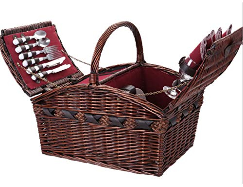 Picknicktaschen, handgewebt, Deluxe, 4 Personen, für den Außenbereich, tragbare Isolierung mit Deckel, doppelte Öffnung, für Camping, Reisen, Camping (Farbe: Braun) (Braun)