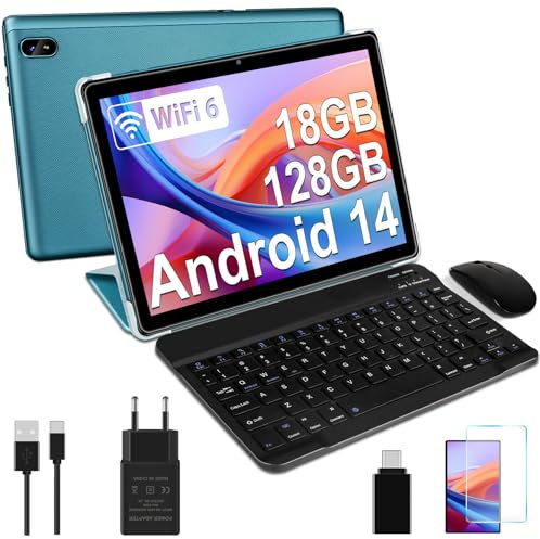 Tablette Android 14 avec 5G Wi-Fi 6, 18 Go RAM + 128 Go ROM(1 To Extensible), FHD Tablette Tactile avec Widevine L1, BT 5.0, 8 cœurs, 6000 mAh, 2 en 1 Tablette 10 Pouces avec Clavier et Souris, Bleu