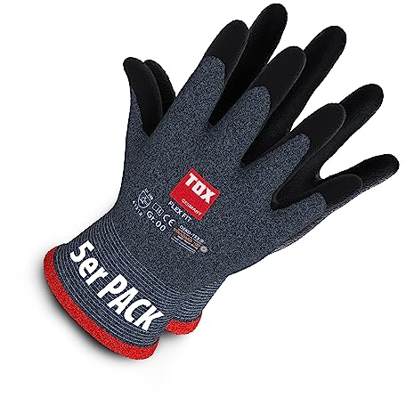 TOX Guanti di montaggio Flex Fit, in nylon a maglia fine con rivestimento in schiuma di micro-nitrile, grigio/nero, resistenti all'abrasione e versatili, 5 paia, taglia 8, 006900108