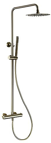 Ensemble de mélangeur de système de robinet de douche thermostatique, colonne de douche de salle de bain murale, pommeau de douche pluie en laiton doré brossé pulvérisateur à main ensemble de système