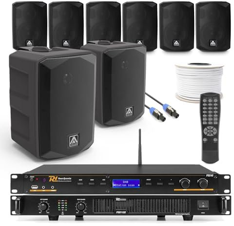 Amate G7 Titanium 6.5 Wall Speakers System with Amplifier & Media Player – Complete Commercial Audio Solution for Public Address & Background Music (8 Speakers Included)