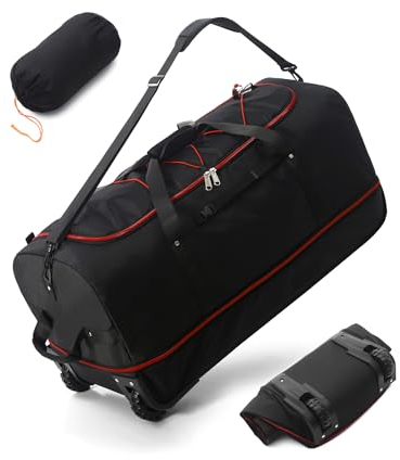 YHYEH 32''/80cm 110L Erweiterbare 140L Reisetasche mit 2 Inline-Rollen,Umwandelbare Große Wochenendtasche/Sporttasche mit Bungee-Cord-System,Schwarz-rot