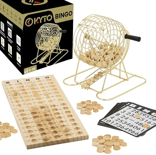 Kyto Großes Bingo Spiel Gold Metalltrommel 150 Chips, 75 Bingo Kugeln und Spielbrett aus Holz, 18 stabile Bingokarten + 500 Bingokarten Papier Erwachsene Kinder