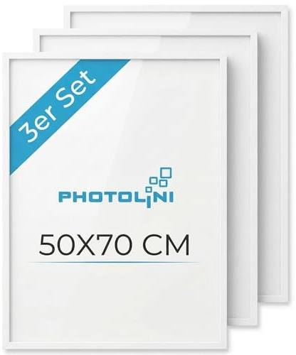 PHOTOLINI Bilderrahmen 50x70 Weiss 3er Set Holz MDF, 50x70 cm Bilderrahmen groß, Rahmen 70x50 Puzzle, bruchsicheres Acrylglas, picture frame zum Aufhängen, Posterrahmen für Fotos, Puzzle & Poster