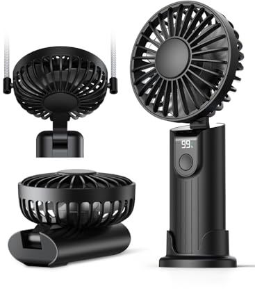 Warmco Portable Handheld 5000mAh USB Rechargeable Foldable Fan - 3 in 1 Personal Travel With Digital Display, 90° Foldable Desk With Base for Makeup/Commute/Office