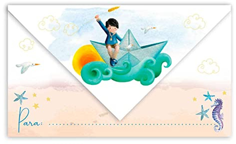 Acan Tradineur - Pack de 20 invitaciones con diseño de sobre para Primera Comunión, papel, invitar amigos, familia, fiestas, celebraciones religiosas (Niño barco - 13,5 x 8 cm)