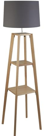 Licht-Erlebnisse Dreibein Stehlampe Holz Stoff mit Regal Ablage klein 152 cm E27 Modern Stehleuchte Wohnzimmer Bodenleuchte MAFRA