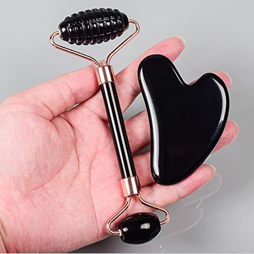 Schwarzer Obsidian-Werkzeug-Gesichtsroller Gua Sha-Werkzeugsätze Naturstein-Kristall-Massage, 2 Stück ohne Box Raumdekoration