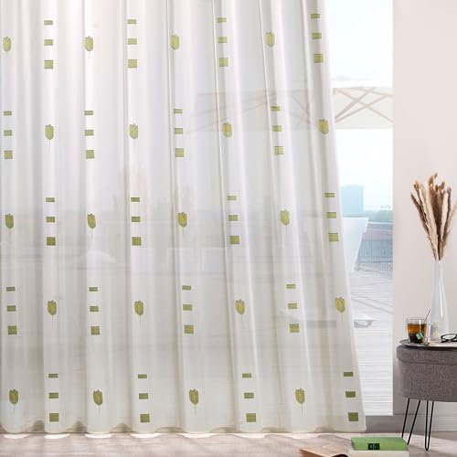 heimtexland ® Gardinen Store Web Scherli Smokband Vorhang halbtransparent Bleiband Webstore Fertiggardine Tulpe Natur Typ874 Grün HxB 245x250 cm