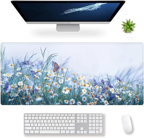 Tapis de Souris Gaming 1200x600x2mm Tapis de Souris de Jeu Papillon Marguerite Blanche Tapis de Souris XXL Étendu avec Base Antidérapante et Bords Cousus Grand Tapis Souris pour Maison Bureau Gamer