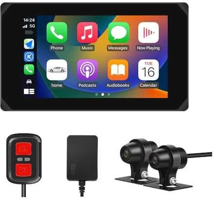 VSYSTO Motorrad Carplay Bildschirm, Wireless Carplay und Android Auto, GPS Navigation, Reifendrucksensoren, 5 Zoll Touchscreen WiFi HD 1080P Vorder- und Hinterkamera Motorrad Dash Kamera (CS5)