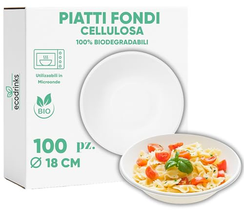 marketcaffe Set di 100 Piatti Fondi in Polpa di Cellulosa Biodegradabili e Compostabili - Eco-Friendly e Resistenti, Ideali per Eventi e Feste, 100% Biodegradabili - 18 CM