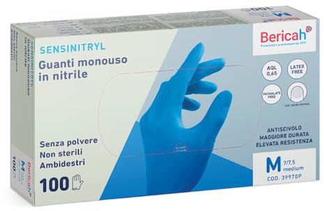 Bericah NUOVI Guanti monouso in nitrile SENSINITRYL marchio BOX DA 100 PEZZI AMBIDESTRI PRODOTTO ORIGINALE CERTIFICATO (S)